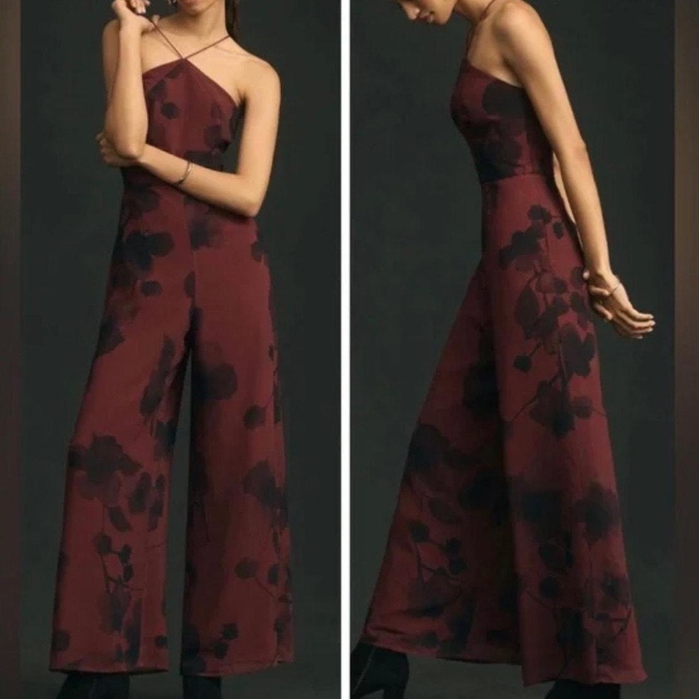 NWT Anthropologie Hutch Halter Wide Leg Jumpsuit Wine Red Floral Strappy